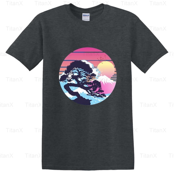 TitanX92 Bonsai Tree Retro Wave Graphic Design, Vintage Synthwave Japanese Art Style T-Shirt, for Unisex, up to size 5XL.