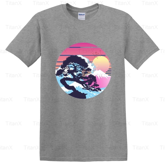 TitanX92 Bonsai Tree Retro Wave Graphic Design, Vintage Synthwave Japanese Art Style T-Shirt, for Unisex, up to size 5XL.