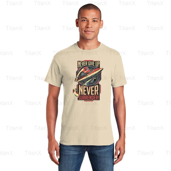 TitanX97 Retro Vintage Never Surrender Quote Graphic, Classic Inspired Perseverance T-Shirt, for Unisex, up to size 5XL.
