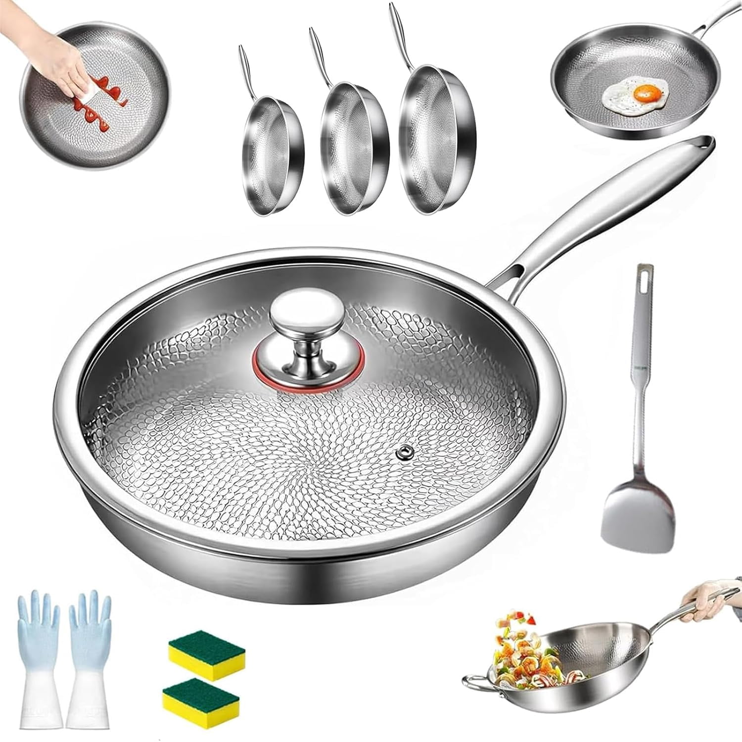 Titancore Titanium Hammered Pan Pro, Pure Titaniums Frying Pan Multifunctional Non Stick, Titanium Hammered Wok Pro With Lid Set Wok Induction Gas Electric Stoves