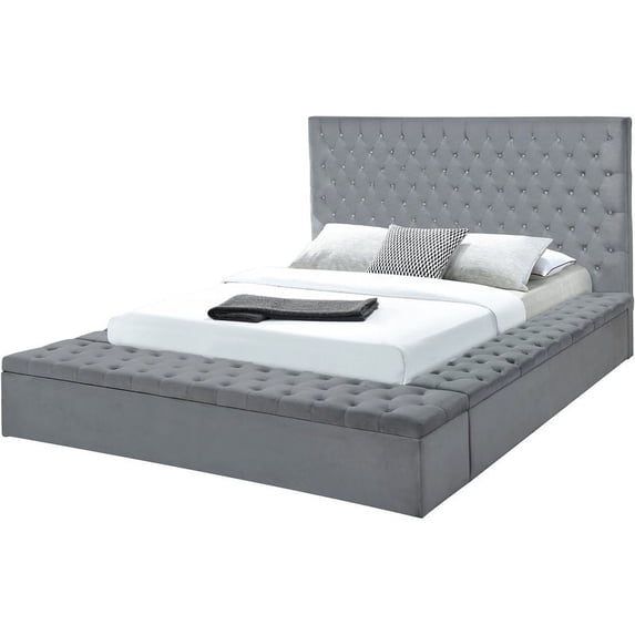 Titanic Furniture Folier Tufted Faux Diamonds Velvet King Storage Bed in Gray