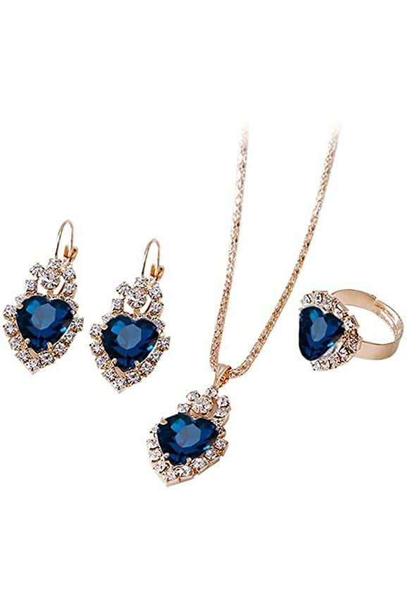 Titanic Heart of The Ocean Necklace Earrings Bracelet and Rings Jewelry Set, Silver Blue Sapphire Crystal Necklace Pendants Wedding Prom Jewelry (F)