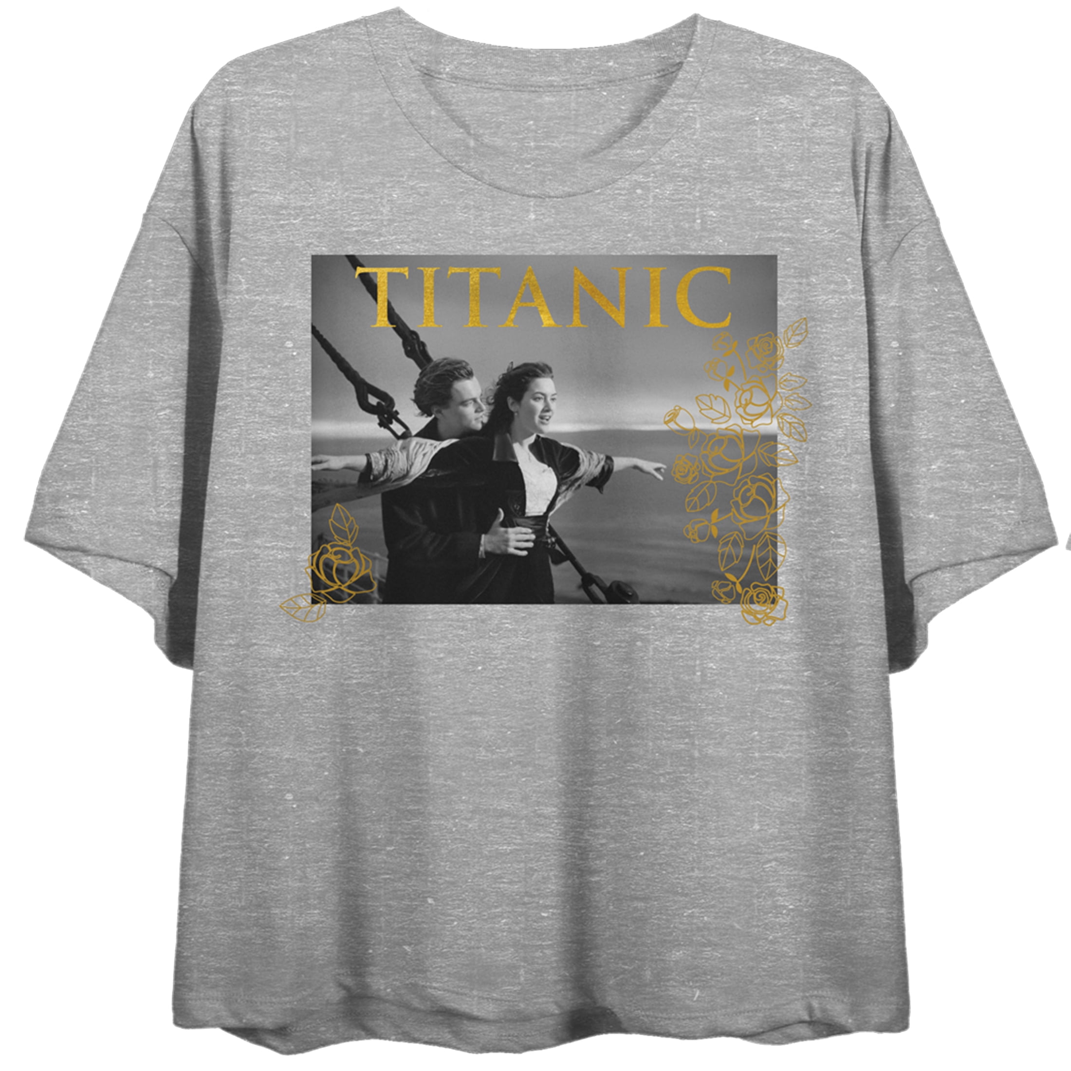 Titanic Jack & Rose Flying Pose Juniors Gray Melange Crop T-shirt-XL