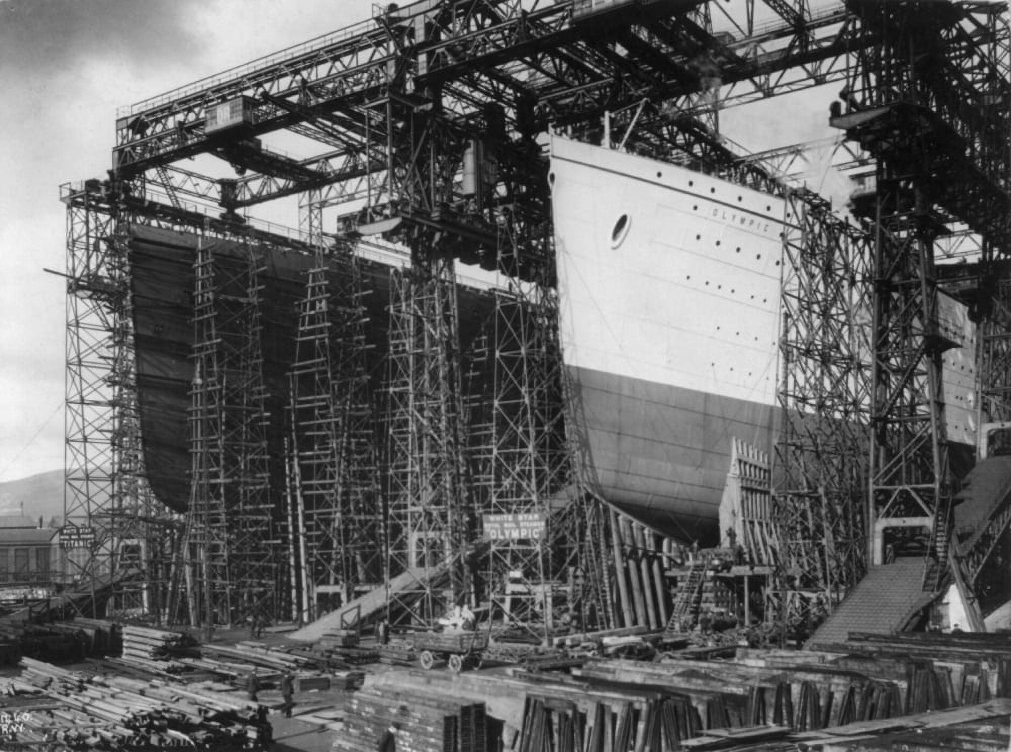 Titanic & Olympic in shipyard construction scaffolding Canvas Art - George G Bain (18 x 24)
