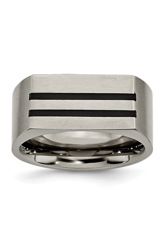 Titanium 10mm Black Enamel Stripes Satin Band Ring - Size 8