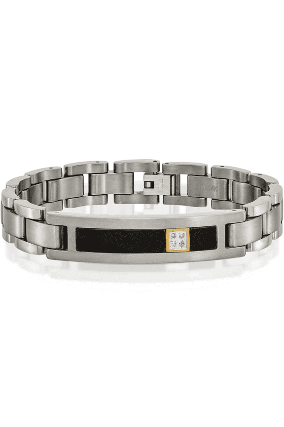 Titanium 0.05 carat Black Onyx Diamond Link Chain ID Bracelet - 8.75 inch - Prong Set Men's