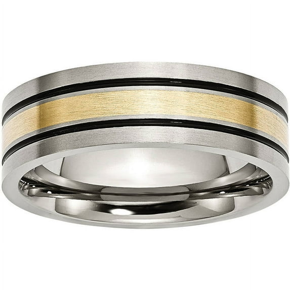Titanium 14k Yellow Inlay Flat 7mm Brushed and Antiqued Band
