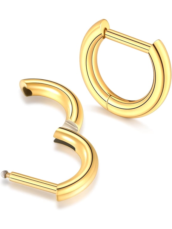 Titanium 16G D Shaped Nose Rings Hoops 8/10/12mm - Higned Segment Clicker Septum Rings Daith Conch Cartilage Piercing Jewelry for Women Men, Silver/Gold, 2PCS