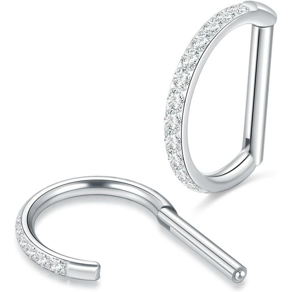 Titanium 16G D Shaped Nose Rings Hoops 8/10mm - Higned Segment Clicker Septum Rings Daith Conch Cartilage Piercing Jewelry for Women Men, Silver/Gold Plated, 2PCS