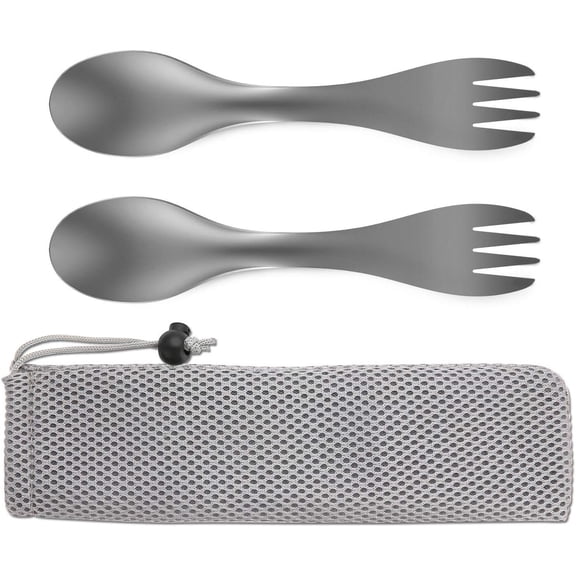 Titanium 2 in 1 Fork and Spoon Combo 2- Lightweight Camping Utensil, Spork for Backpacking, Hiking, Outdoors