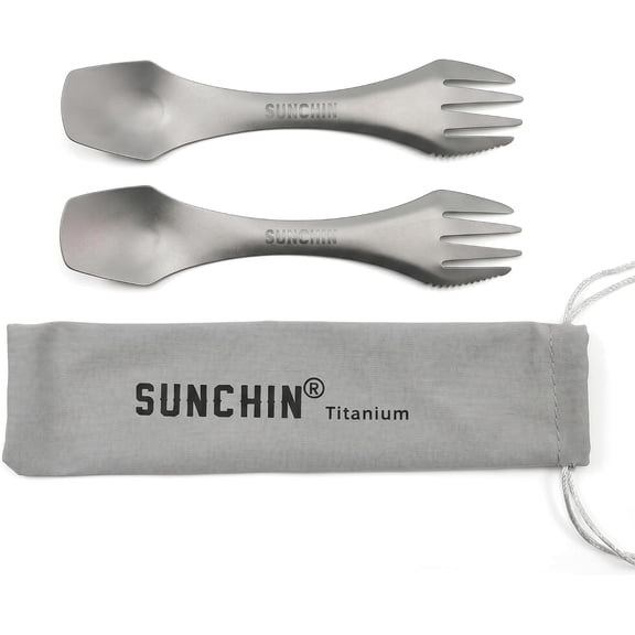 Titanium 3 in 1 Fork,Spoon and Knife,multi function,Camping Utensil Set for Backpacking,Travel Fork & Spoon with Carry Bag,Combo 2-Pack