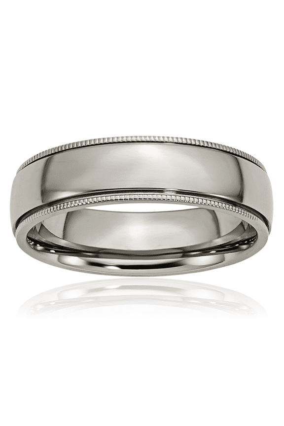 Titanium 6mm Wide Comfort Fit Grooved Beaded Edge Half Round Wedding Band Ring - Polished, Engravable Men's