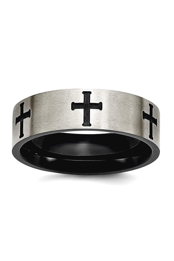 Titanium 7mm Religious Faith Cross Black Plated Brushed and Polished Band Ring Size 11 Ring for Women and Men