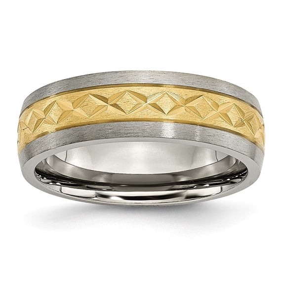 Titanium 7mm Satin and Gold-Flashed X Design Band Ring - 4.0 Grams - Size 6.5