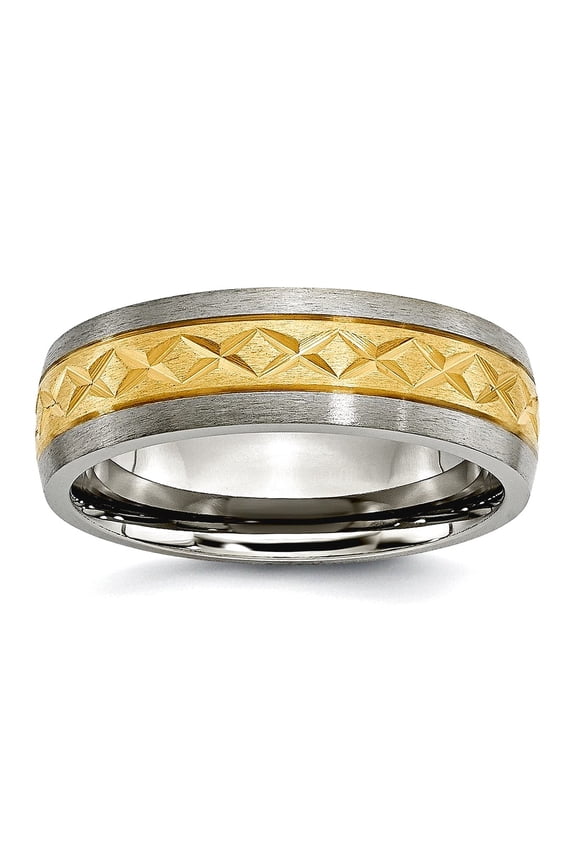 Titanium 7mm Satin and Gold Plated X Design Band Ring Size 7-Band Style-Ring for Women and Men