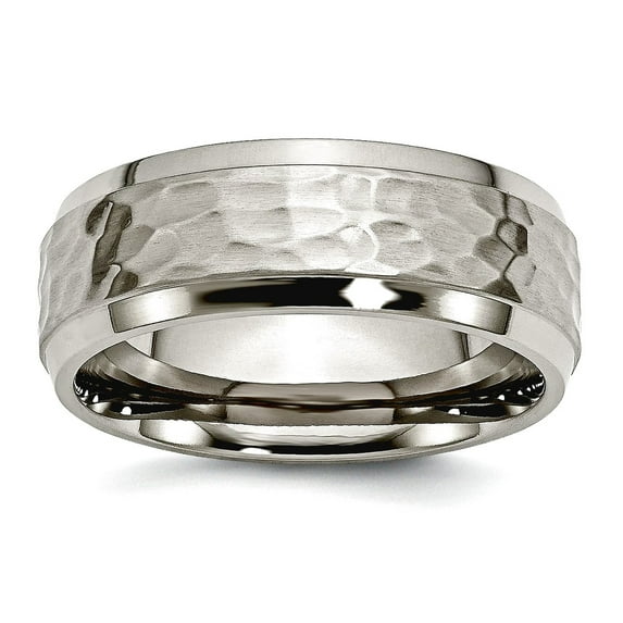 Titanium 8mm Beveled Edge Hammered and Polished Band Ring Size 14.5 Ring for Women and Men