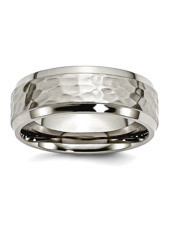 Titanium 8mm Beveled Edge Hammered and Polished Band Ring Size 14.5 Ring for Women and Men