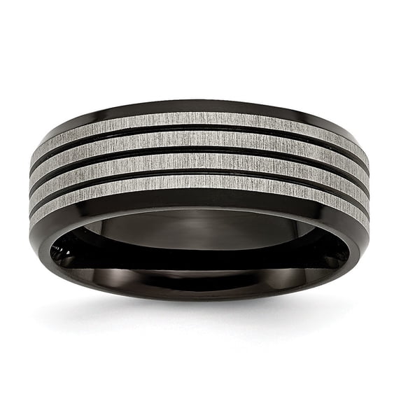 Titanium 8mm Black-plated and Striped Polished Band Ring - Size 10
