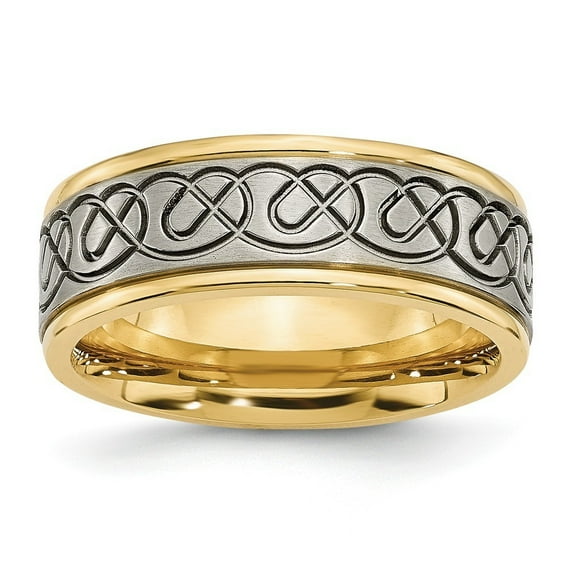 Titanium 8mm Scroll Design Yellow Ip-plated Grooved Edge Brushed Polished B Ring - Size 8