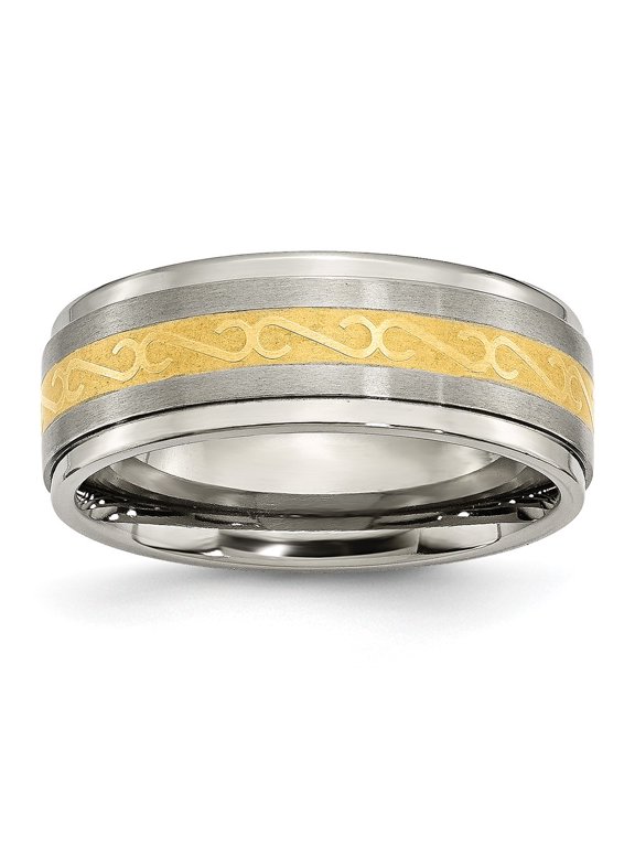 Titanium 8mm Yellow IP-plated Satin/Polished Ridged Edge Band