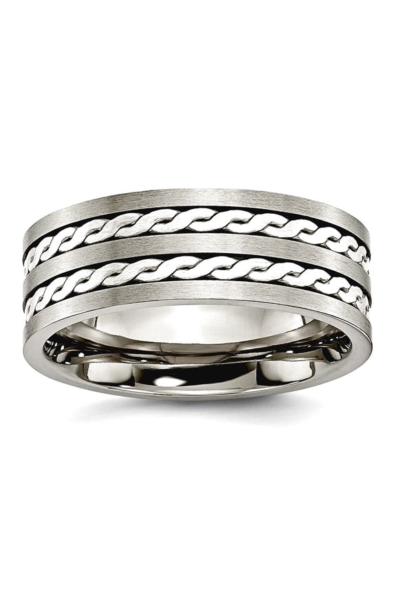 Titanium 925 Sterling Silver Brushed Oxidized Inlay 8mm Sat/Polish Band Size 8.5 Ring for Women and Men