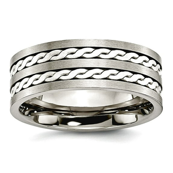 Titanium 925 Sterling Silver Inlay 8mm Brushed and Oxidized Band Ring Size 14.5 Ring for Women and Men