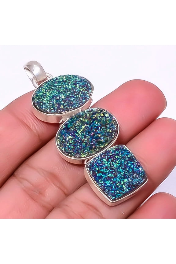 Titanium Agate Drusy Gemstone 925 Sterling Silver Handmade Pendant 2.15" A321, Drusy Quartz Pendant, Christmas Gift, New Year Sale, Gemstone Silver Je