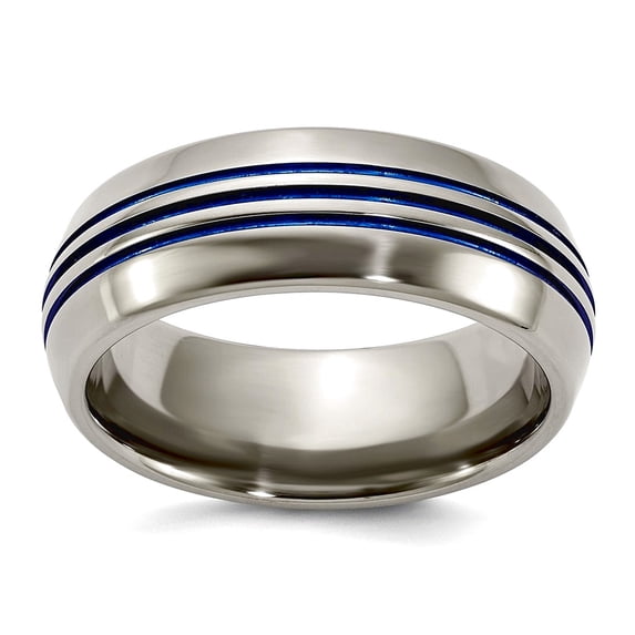 Titanium Anodized With Blue Triple Groove Beveled Edges 8mm Polished Band Ring Size 9.5 Ring for Women and Men