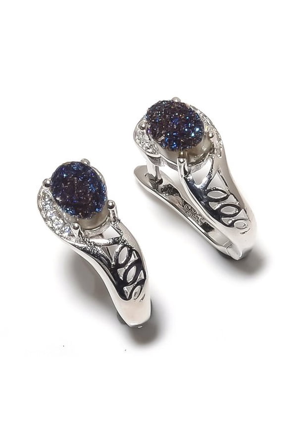 Titanium Aura Drusy & Cubic Zirconia 925 Sterling Silver Earring 0.59" T98, Drusy Quartz Earring, Christmas Gift, New Year Sale, Gemstone Silver Jewel