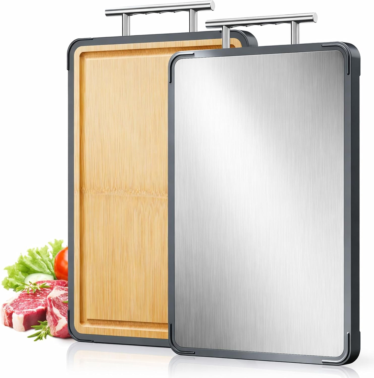 Titanium Bamboo Cutting Board for Kitchen, Double Sided Cutting Board, Titanium Cutting Board & Bamboo Wood Chopping Board, Reversible Cutting Board for Meat Vegetables Fruit, Easy to Clean (16×11)