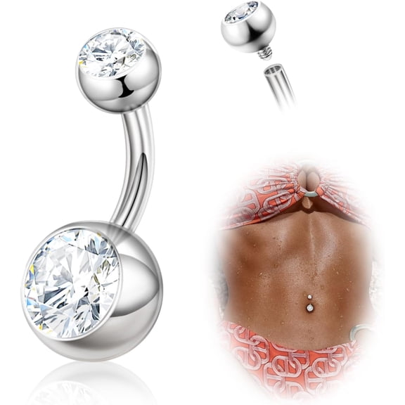 Titanium Belly Button Rings, 14G Belly Button Piercing 14mm 12mm 10mm 8mm Short Long Belly Ring Cubic Zirconia Internally Threaded Navel Piercing Jewelry for Women Men
