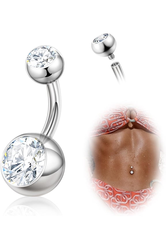 Titanium Belly Button Rings, 14G Belly Button Piercing 14mm 12mm 10mm 8mm Short Long Belly Ring Cubic Zirconia Internally Threaded Navel Piercing Jewelry for Women Men