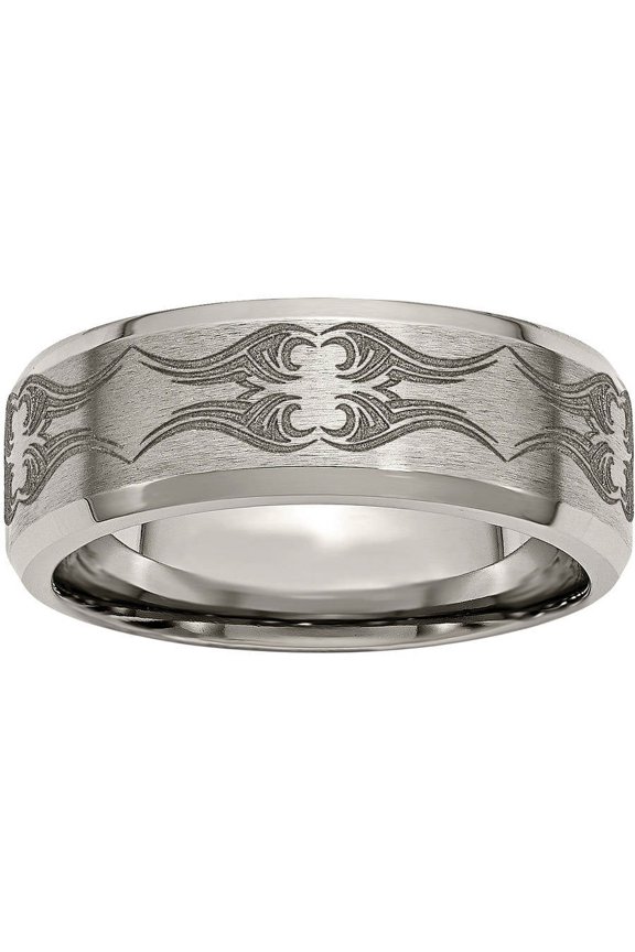 Titanium Beveled Edge 8mm Laser Design Brushed & Polished Band