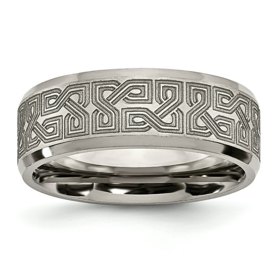 Titanium Beveled Edge 8mm Laser Design Brushed & Polished Band