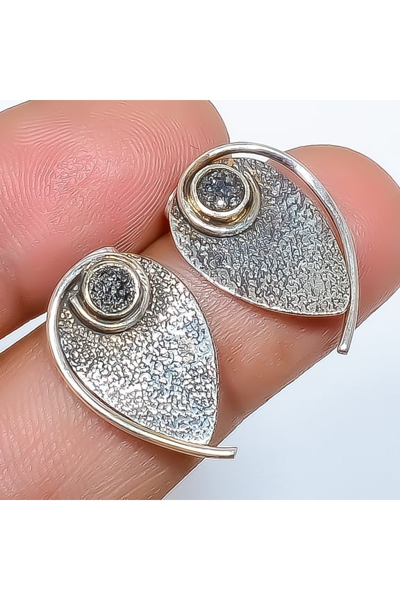 Titanium Black Agate Drusy 925 Sterling Silver Big Tribal Stud Earring 0.78" E46, Beautiful Jewelry For Woman, New Year Sale, Valentin's Day Gift