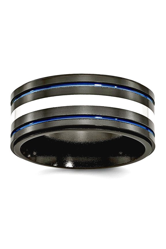 Titanium Black Ti With 925 Sterling Silver Polished Inlay Blue Anodized 10mm Band Ring Size 8.5 Ring for Women and Men