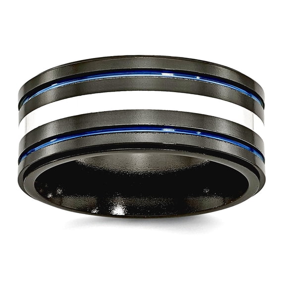 Titanium Black Ti With 925 Sterling Silver Polished Inlay Blue Anodized 10mm Band Ring Size 8.5 Ring for Women and Men