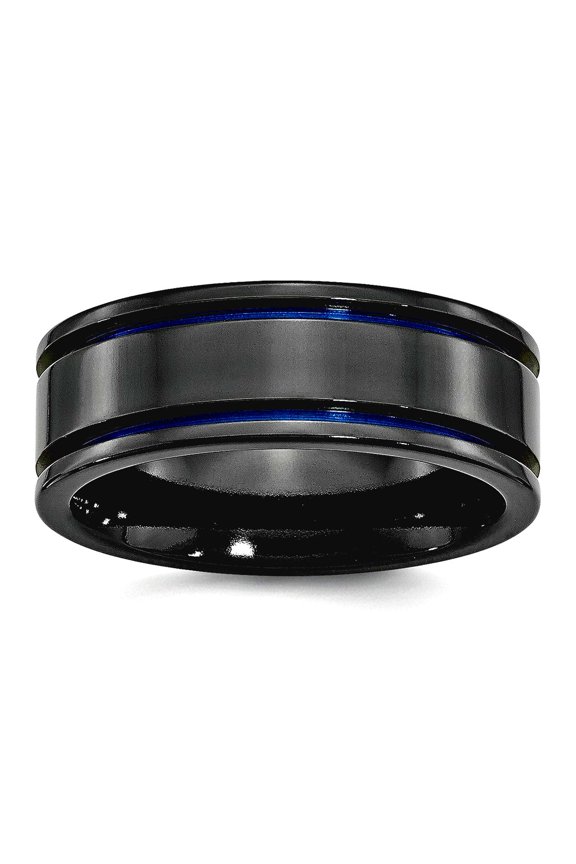 Titanium Black Ti With Blue Anodized Grooves 8mm Polished Band Ring Size 7 Ring for Women and Men