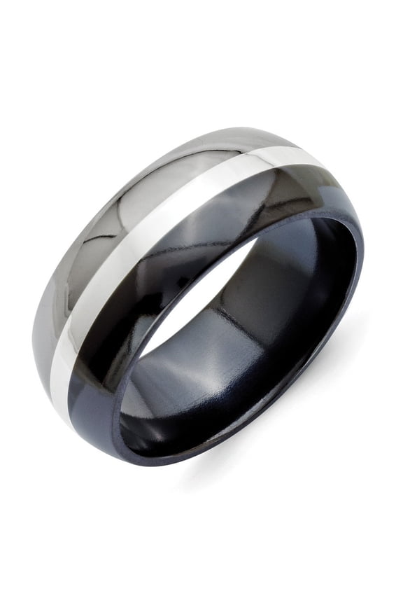 Titanium Black Ti With Sterling Silver Inlay 9mm Polished Band Ring - Size 9.5