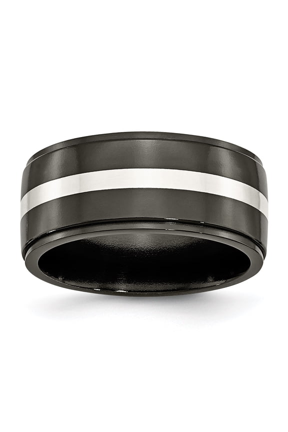 Titanium Black Ti with Sterling Silver Inlay 10mm Polished Band