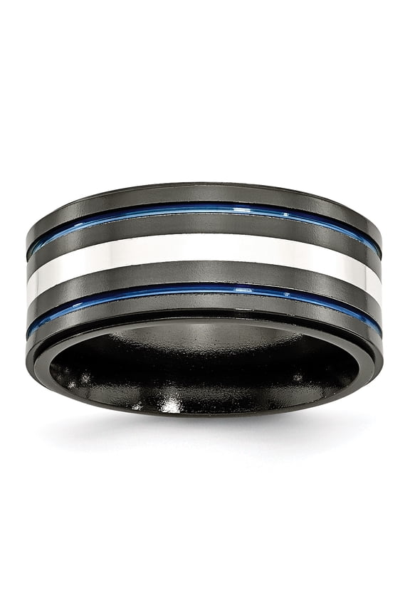 Titanium Black Ti with/Sterling Silver Inlay Blue Anodized 10mm Band Size 9.5