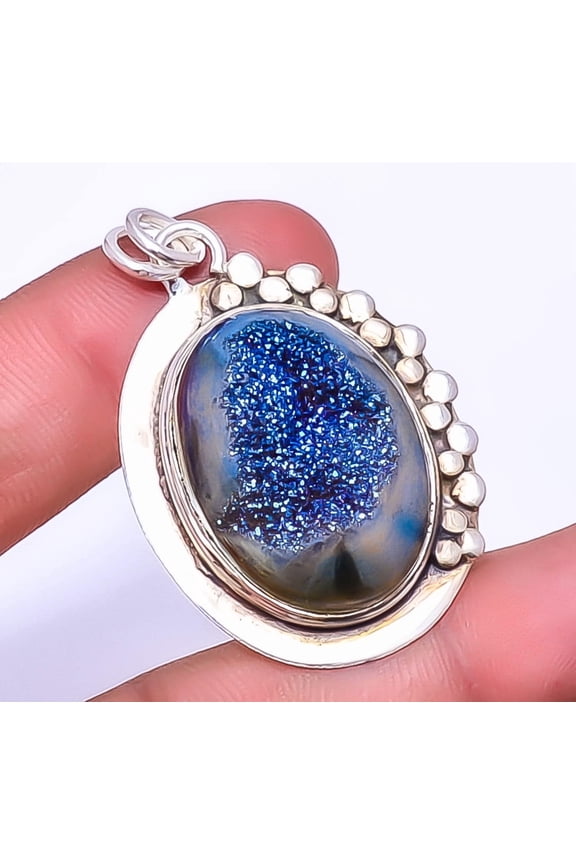Titanium Blue Agate Drusy 925 Sterling Silver Pendant 1.95"|Handmade Pendant, Christmas Gift, Gemstone Silver Jewelry, Drusy Quartz Pendant, New Year