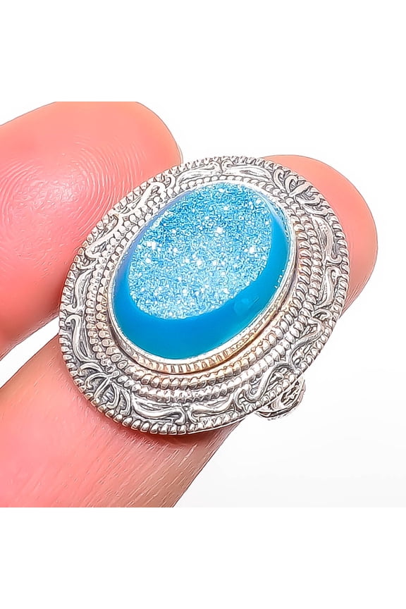 Titanium Blue Agate Drusy Gemstone 925 Sterling Silver Boho Ring s.8 T47, Christmas Gift, Gemstone Silver Jewelry, Drusy Quartz Ring, New Year Sale