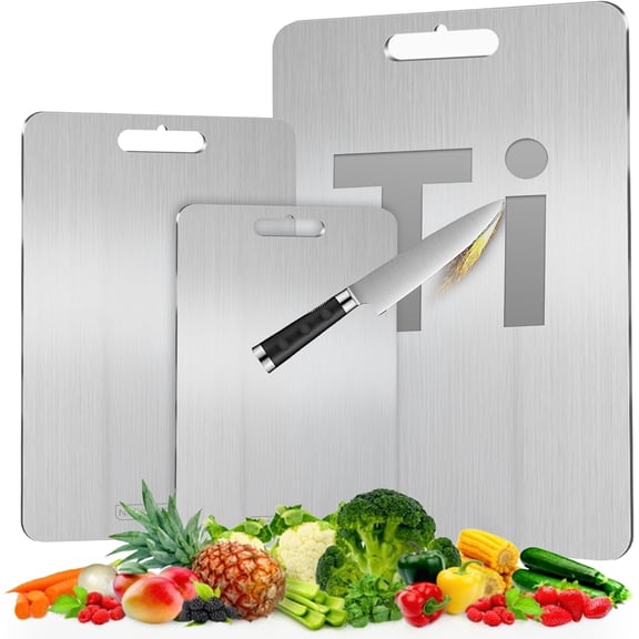 Titanium  Board Set of 3, Stainless Steel  Boards for Kitchen, Non  Metal Chopping Board, Dishwasher Safe, Non-Porous, Plastic Free, 3 Sizes Small Medium Large