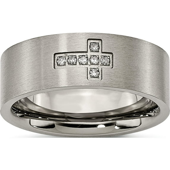 Titanium Brushed 1/15Ct Diamond Cross 8mm Flat Band (Size 10) Made In China tb444a-10