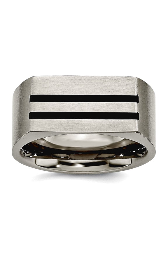 Titanium Brushed 10mm Black Enamel Stripes Satin Band Ring Size 13.5 Ring for Women and Men