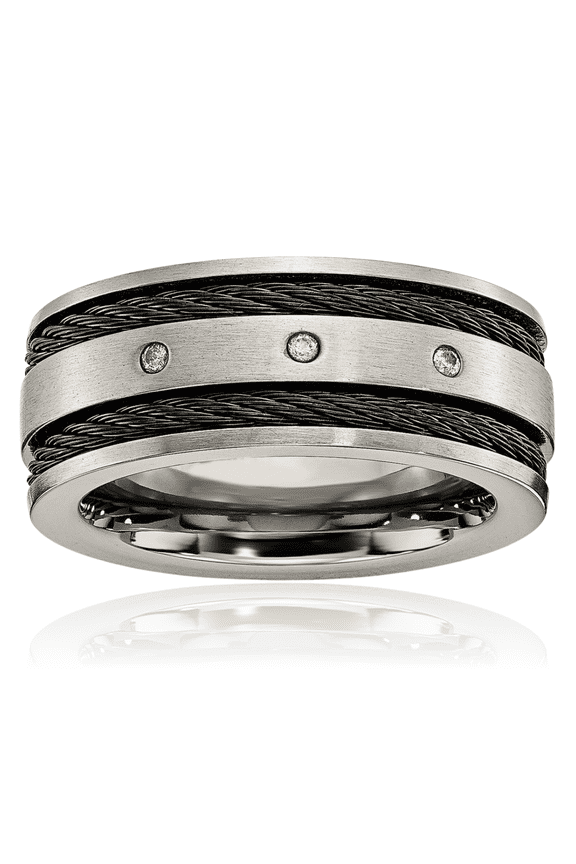 Titanium 0.05 carat Diamond Extra Wide Black Cable Wedding Ring - 10mm Band - Round Cut, Natural, Prong Set, Brushed, Engravable Men's