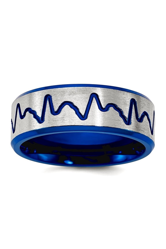 Titanium Brushed Blue Ip Plated Love Heartbeat 8mm Band Size 9 Statement Ring for Women and Men