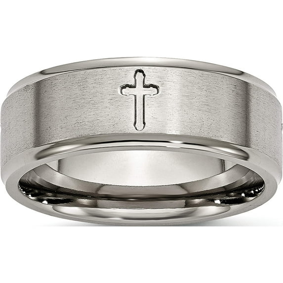 Titanium Brushed Center Cross 8mm Ridged Edge Band (Size 14) Made In China tb78-14