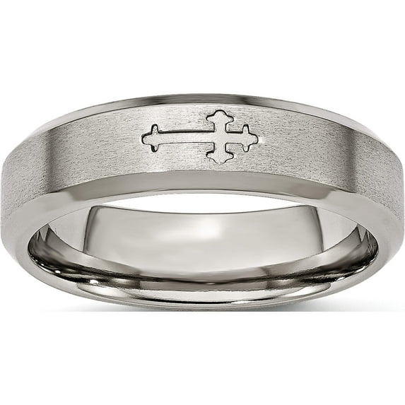 Titanium Brushed Center Cross Design 6mm Beveled Edge Band (Size 6.5) Made In China tb334-6.5